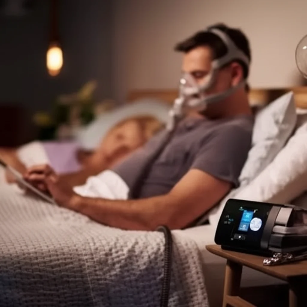 Man with CPAP mask and ResMed device in bed, woman sleeping in the background