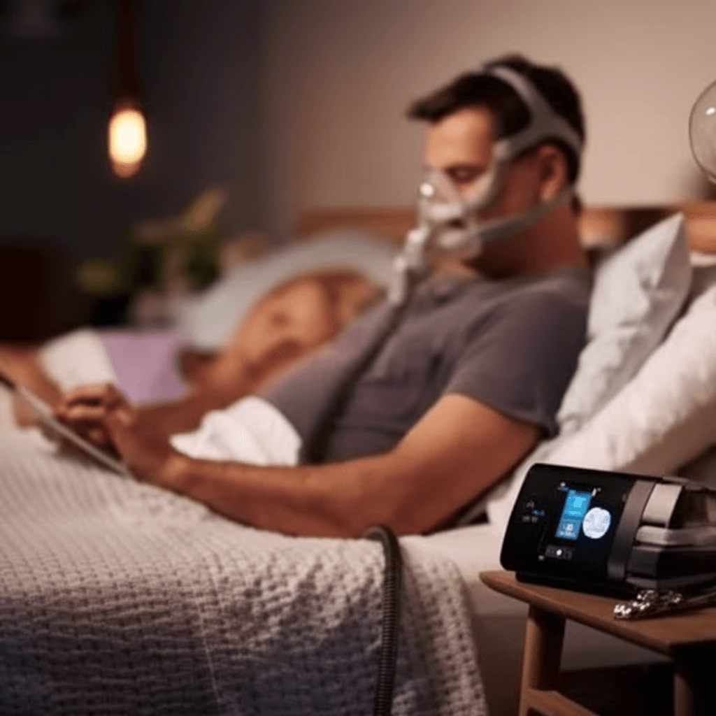 Man with CPAP mask and ResMed device in bed, woman sleeping in the background